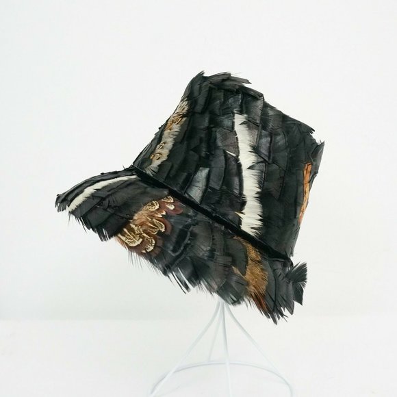 Vintage Feather Tall Bucket Hat Wool Felt